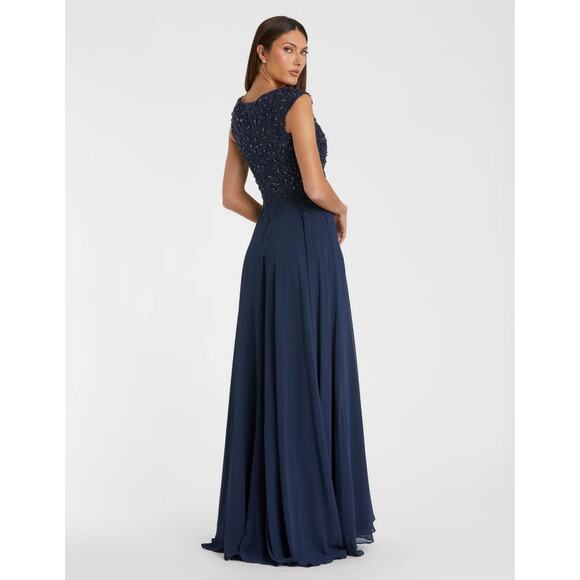 Mac Duggal Navy Applique Cap Sleeve Bodice Flowy Gown - Size 4 - NWT - Picture 1 of 5